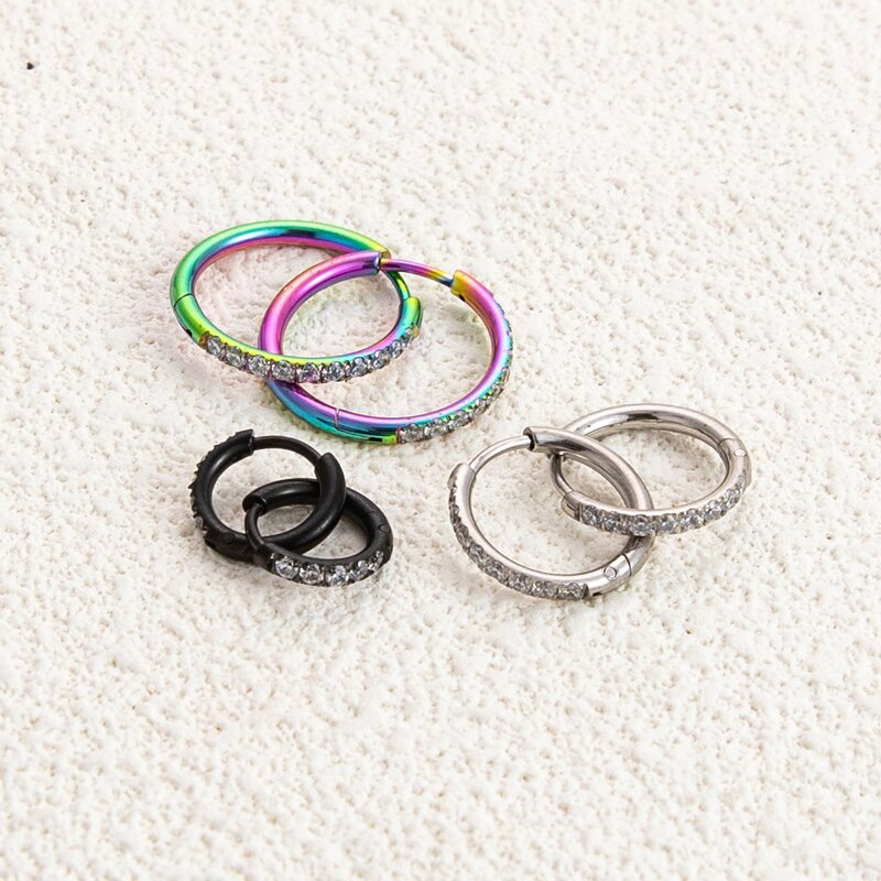Stainless Steel Huggie Earrings Manufacturer - Wholesale Minimal Crystal Zircon Inlaid Black Silver Rainbow Round Circle Piercing Jewelry