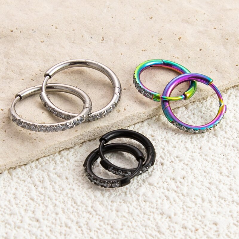 Stainless Steel Huggie Earrings Manufacturer - Wholesale Minimal Crystal Zircon Inlaid Black Silver Rainbow Round Circle Piercing Jewelry