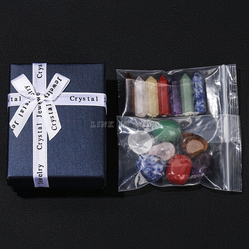 Natural Seven Chakra Tumbled Stone Set - Pointed Quartz Healing Stone Hexagon Gems