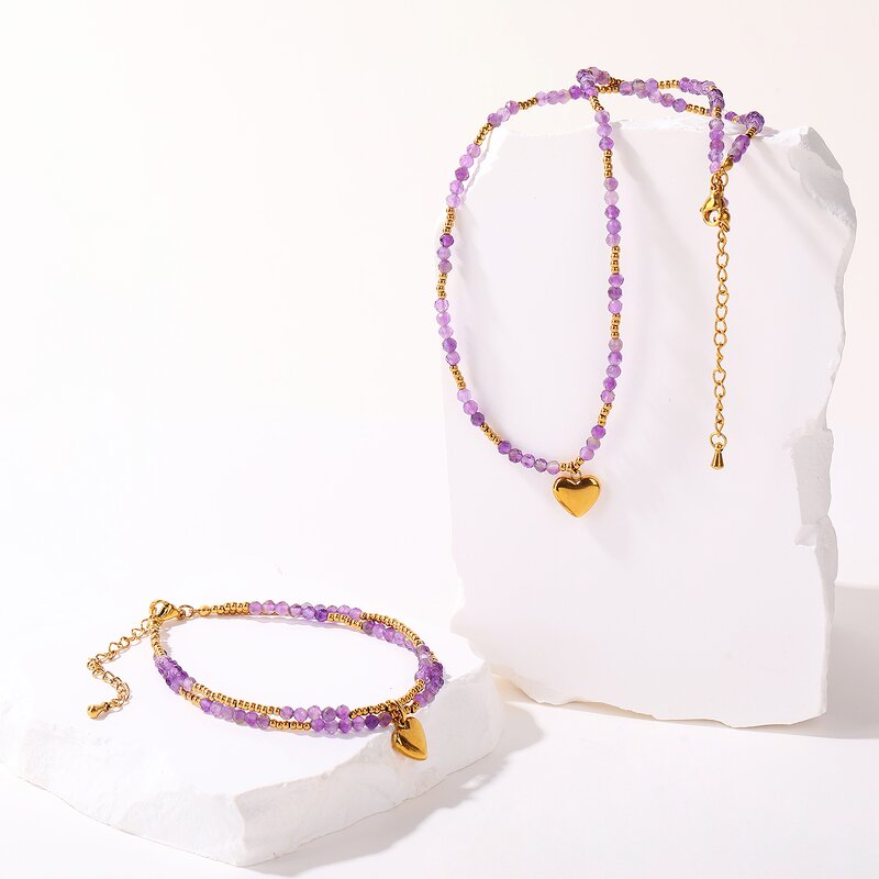 Faceted 5A Natural Amethyst Jewelry Set - Stainless Steel Heart 2-Layer Bracelet Necklace