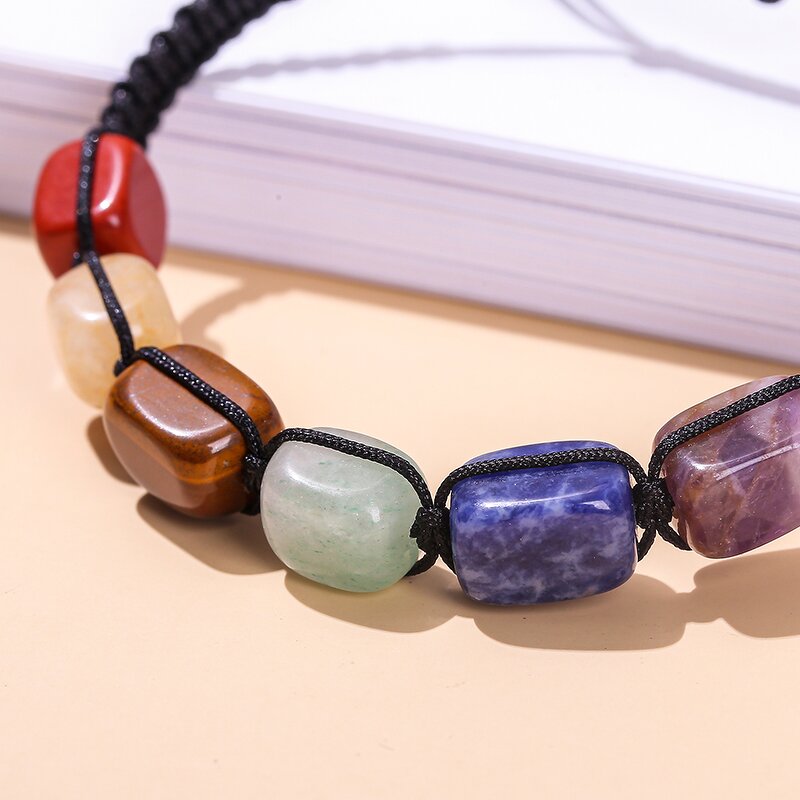 Natural Stones Unisex Braided Bracelet - Seven Chakra Square Beads Adjustable Bangle