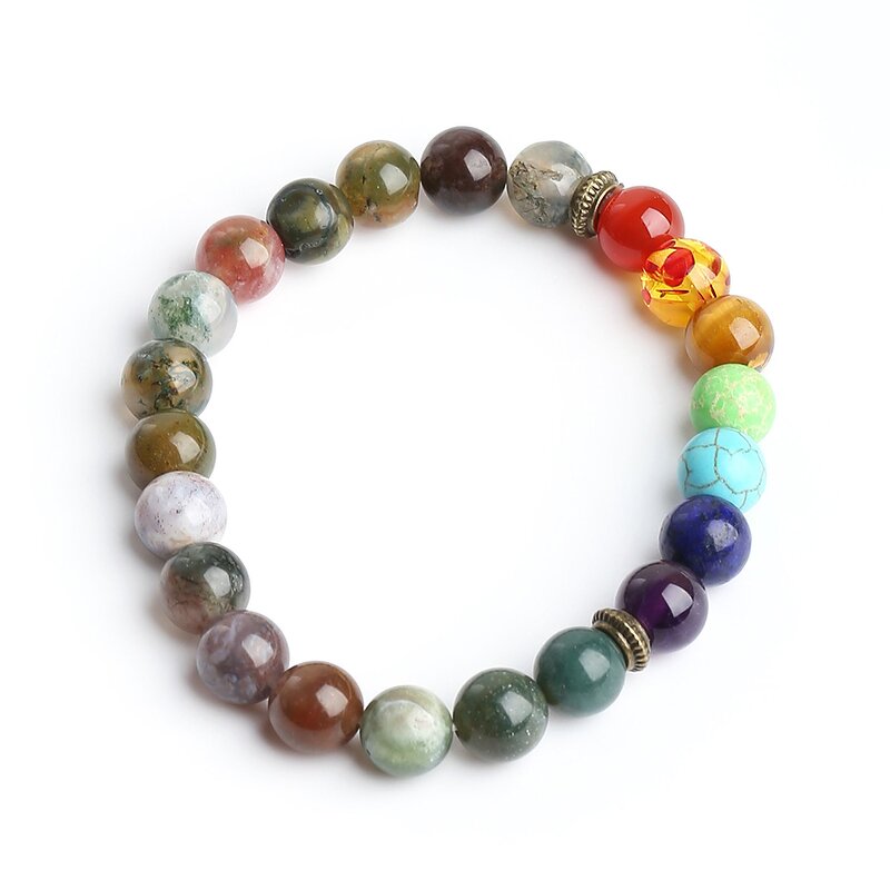 Seven Chakras India Agate Bracelet - High Quality Natural Stone Elastic Hand Woven