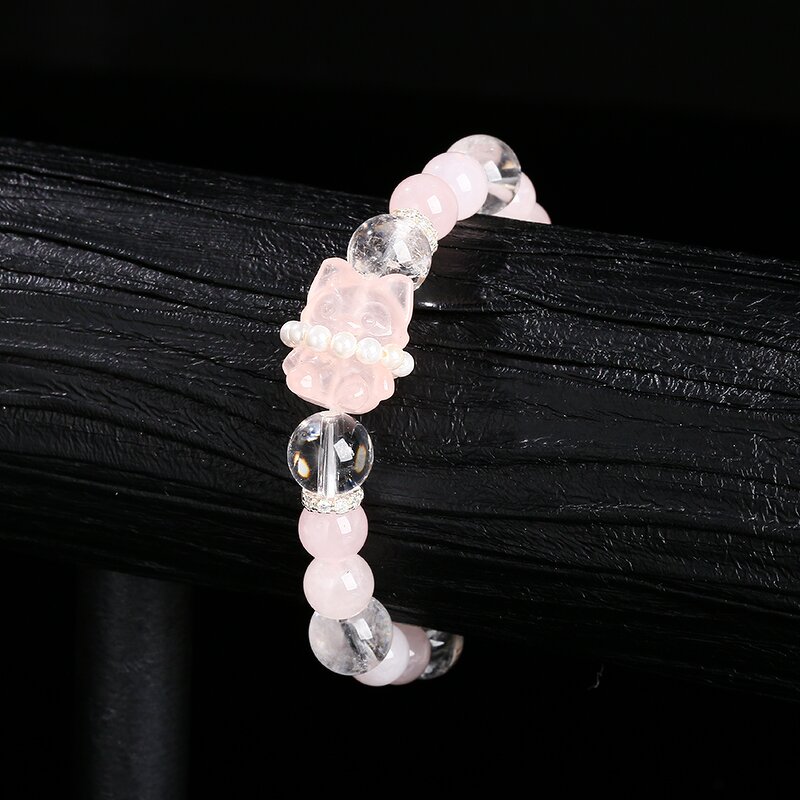 Premium Natural Rock Quartz Violet Amethyst Bracelet - Nine-Tailed Fox with Silver