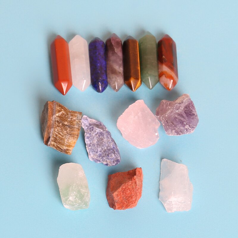 Natural Stone Specimen Box Set - Seven Chakra Rough Mineral Stone Hexagonal Column