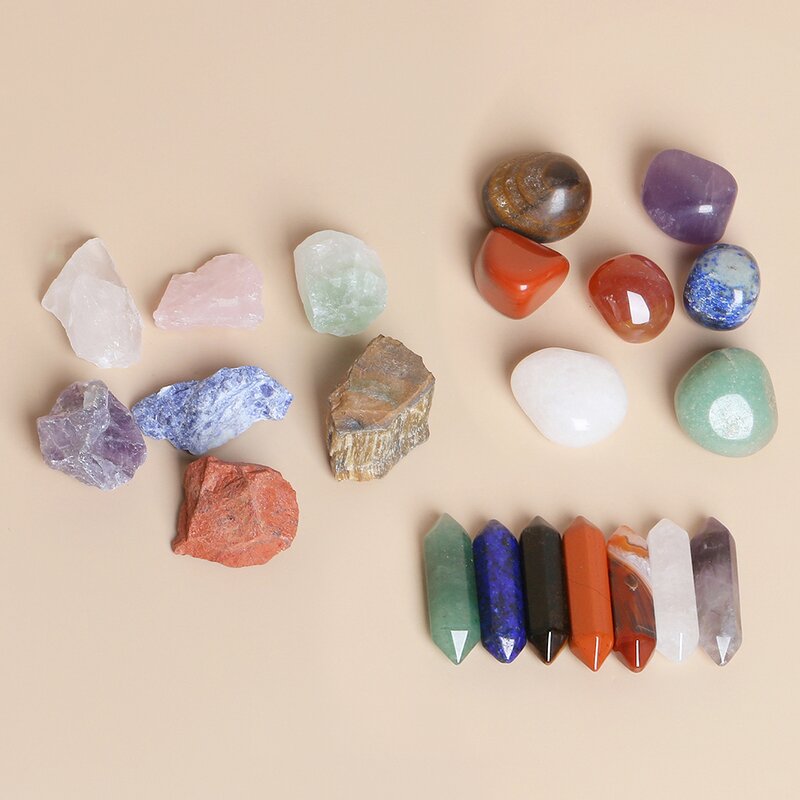 Natural Stone Specimen Box Set - Seven Chakra Rough Mineral Stone Hexagonal Column