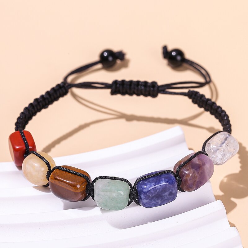 Natural Stones Unisex Braided Bracelet - Seven Chakra Square Beads Adjustable Bangle