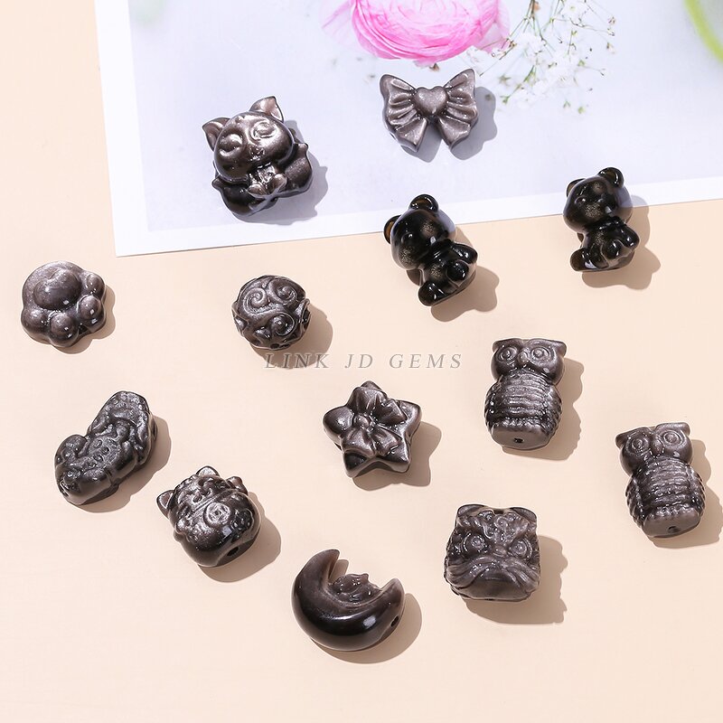 Natural Stone Silver Obsidian Carved Bead - Patterned Cat Paw Pixiu Animals Shape