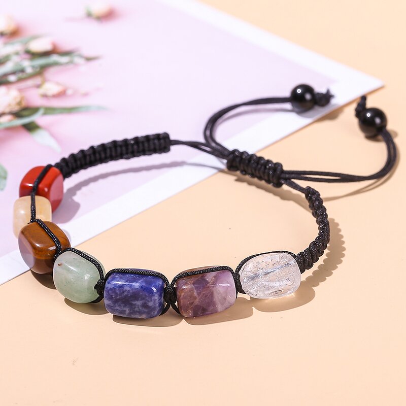 Natural Stones Unisex Braided Bracelet - Seven Chakra Square Beads Adjustable Bangle