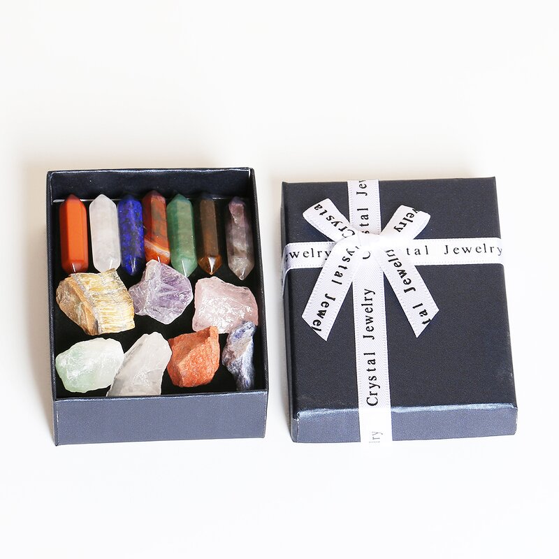 Natural Stone Specimen Box Set - Seven Chakra Rough Mineral Stone Hexagonal Column