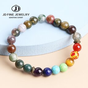 Seven Chakras India Agate Bracelet - High Quality Natural Stone Elastic Hand Woven