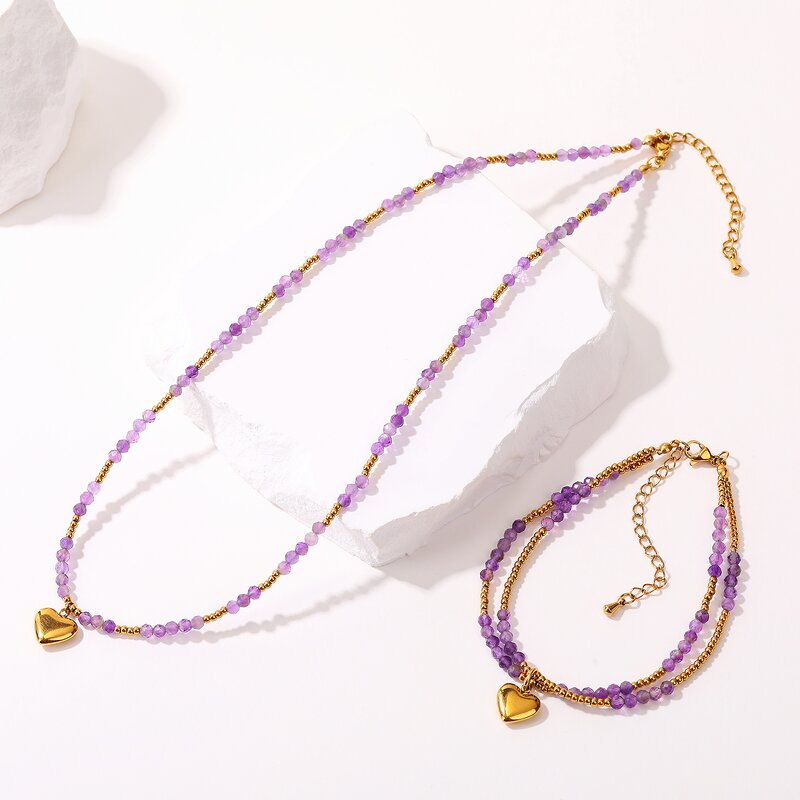 Faceted 5A Natural Amethyst Jewelry Set - Stainless Steel Heart 2-Layer Bracelet Necklace