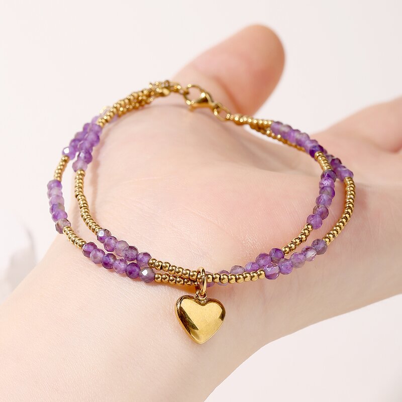Faceted 5A Natural Amethyst Jewelry Set - Stainless Steel Heart 2-Layer Bracelet Necklace