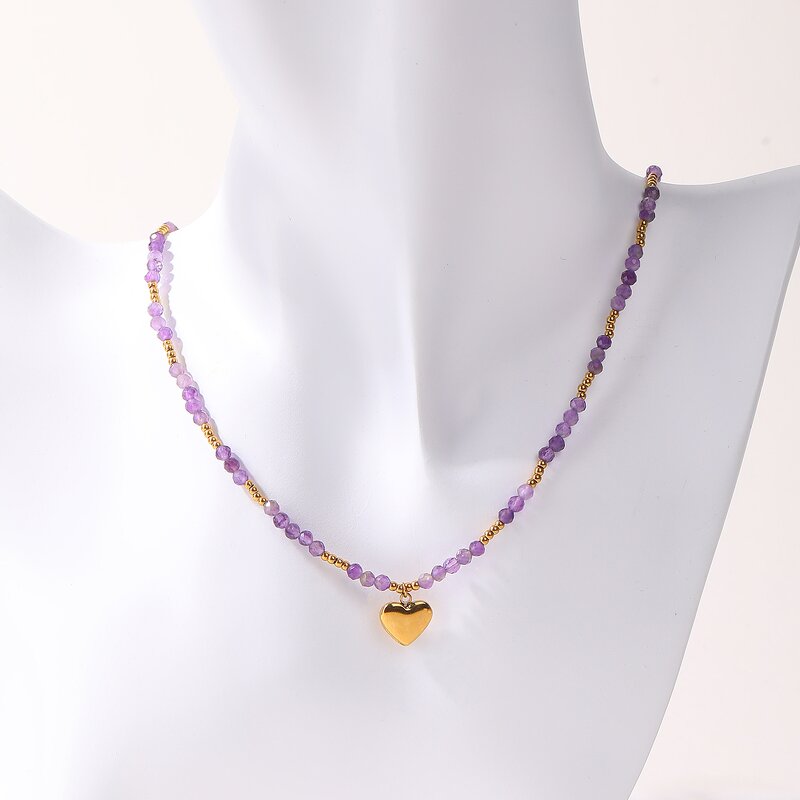 Faceted 5A Natural Amethyst Jewelry Set - Stainless Steel Heart 2-Layer Bracelet Necklace