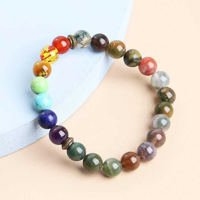Seven Chakras India Agate Bracelet - High Quality Natural Stone Elastic Hand Woven
