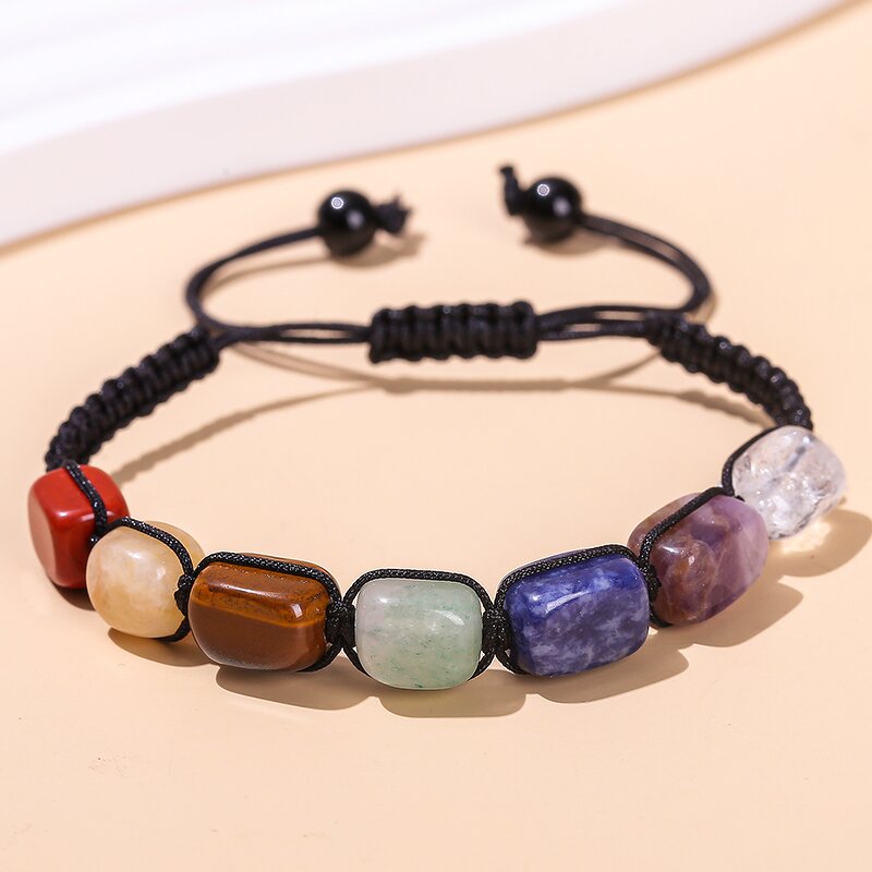 Natural Stones Unisex Braided Bracelet - Seven Chakra Square Beads Adjustable Bangle