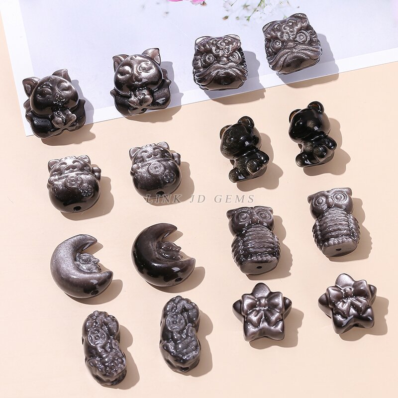 Natural Stone Silver Obsidian Carved Bead - Patterned Cat Paw Pixiu Animals Shape
