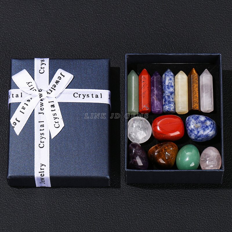 Natural Seven Chakra Tumbled Stone Set - Pointed Quartz Healing Stone Hexagon Gems