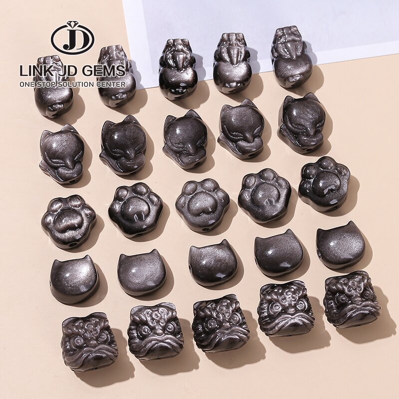 Natural Stone Silver Obsidian Carved Bead - Patterned Cat Paw Pixiu Animals Shape