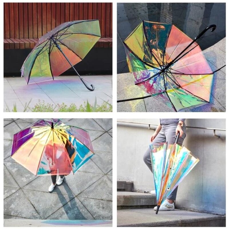 Straight Umbrella Manufacturer - New Design Customized Colorful Transparent 23 Inch Semi-automatic Shining Rainbow Film