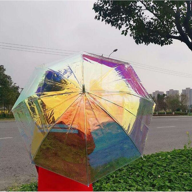 Straight Umbrella Manufacturer - New Design Customized Colorful Transparent 23 Inch Semi-automatic Shining Rainbow Film