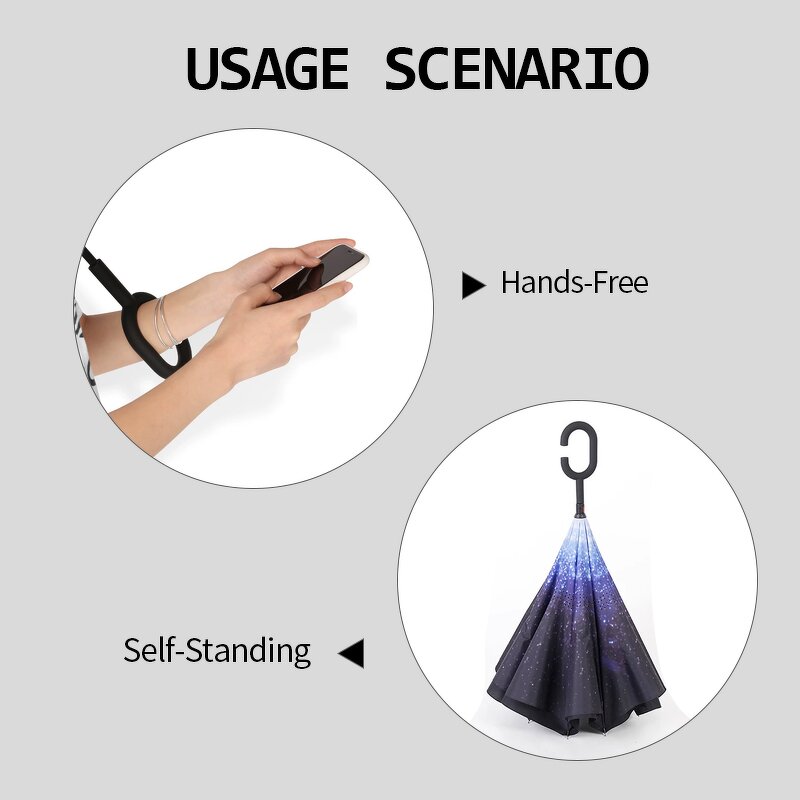 Reverse Umbrella Manufacturer - Custom C Shape Handle Double Canopy Stick Windproof Waterproof Hands-Free Inverted Upside Manual