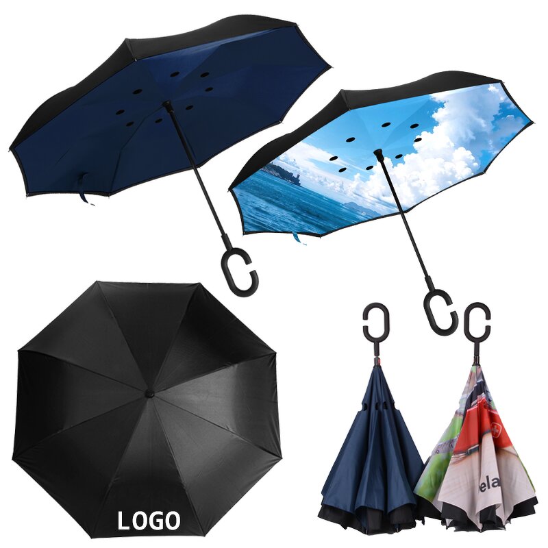 Reverse Umbrella Manufacturer - OEM New Creative Custom Printing 23 Inch Hook C Handle Self-standing Double Layer Windproof Inverted