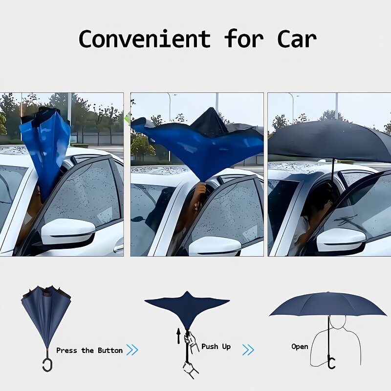 Reverse Umbrella Manufacturer - Custom C Shape Handle Double Canopy Stick Windproof Waterproof Hands-Free Inverted Upside Manual