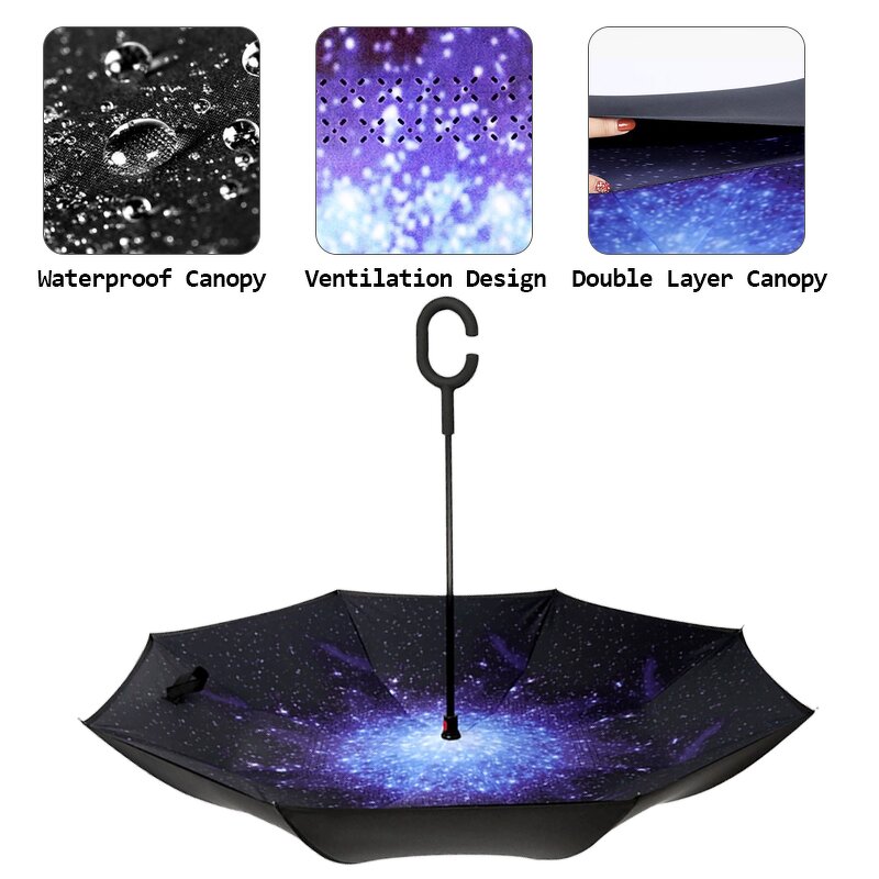 Reverse Umbrella Manufacturer - Custom C Shape Handle Double Canopy Stick Windproof Waterproof Hands-Free Inverted Upside Manual