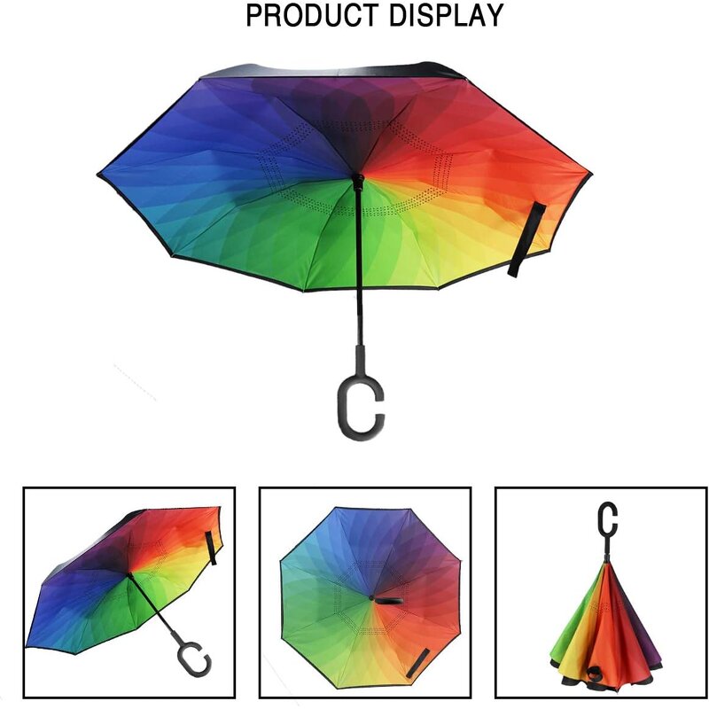 Reverse Umbrella Manufacturer - Custom Design Double Layer Inverted with C-Shaped Handle Anti-UV Waterproof Windproof Straight