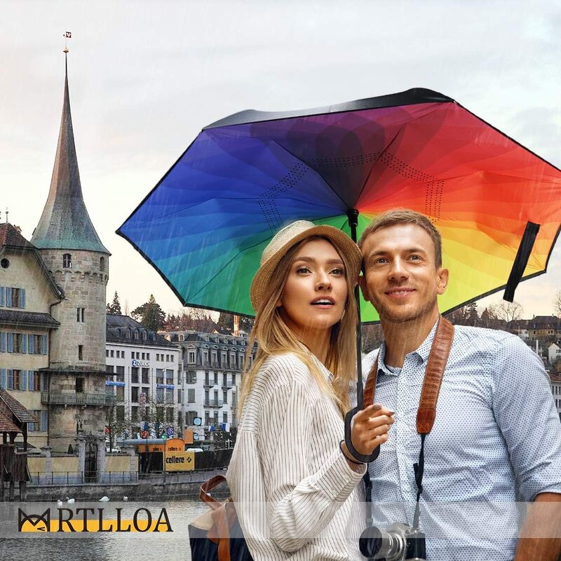 Reverse Umbrella Manufacturer - Custom Design Double Layer Inverted with C-Shaped Handle Anti-UV Waterproof Windproof Straight