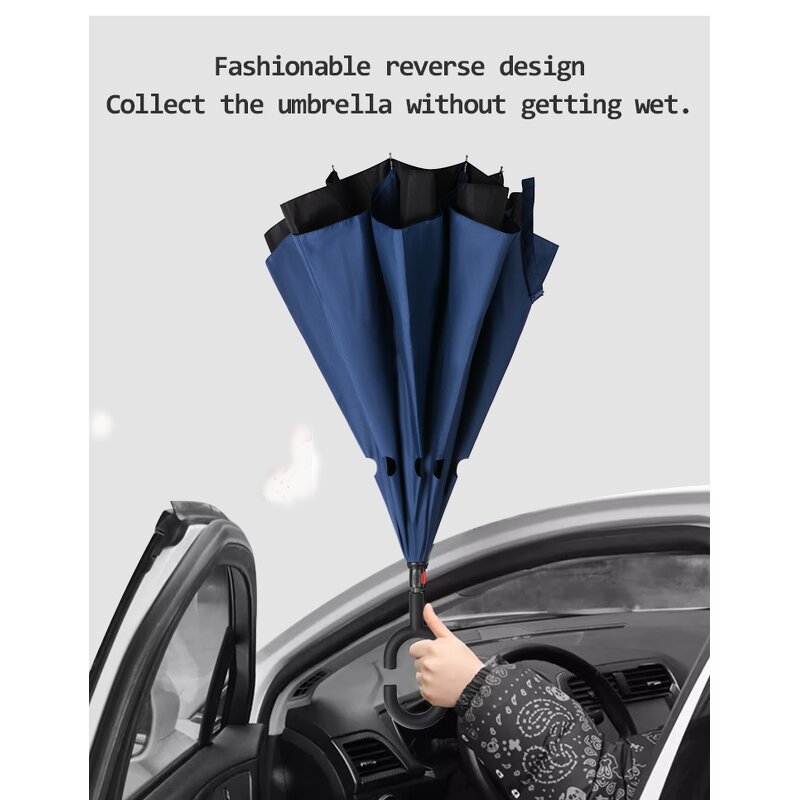 Reverse Umbrella Manufacturer - OEM New Creative Custom Printing 23 Inch Hook C Handle Self-standing Double Layer Windproof Inverted