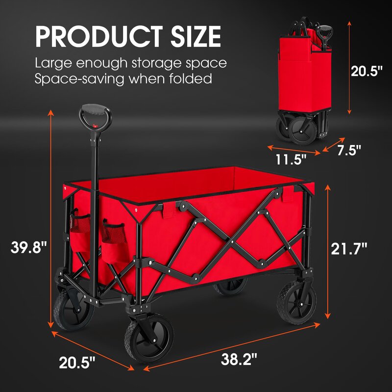 Folding Wagon Manufacturer - Collapsible Heavy Duty Utility Beach Cart with Side Pocket and Brakes Large Capacity