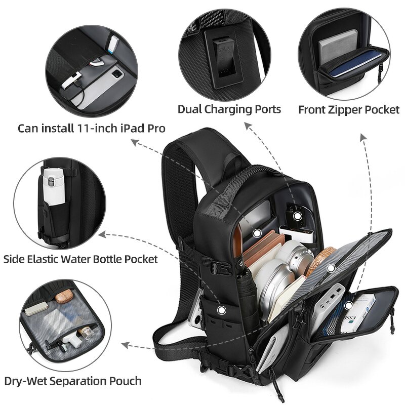 Sling Bag Manufacturer - High Quality Oxford Waterproof Cross Body with USB Charging Port Multi Pouch Shoulder for Men
