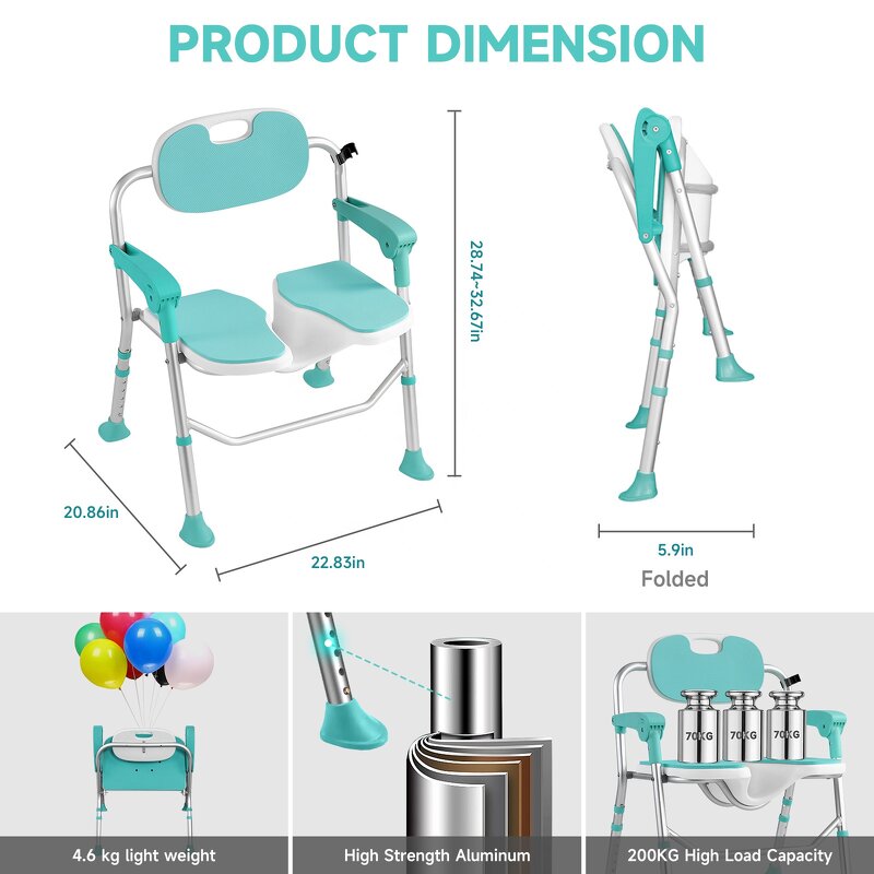 Commode Chair - 2024 Best Selling Lightweight Foldable Anti-slip Elderly Shower Bath Chair with Arms for the Disabled