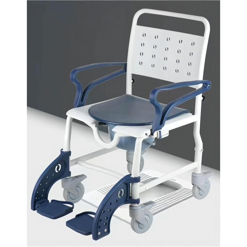 Commode Chair - Heavy Duty 4-in-1 Plastic Folding Wheelchair Bath Chair Raised Toilet Seat 180kg Capacity Powder