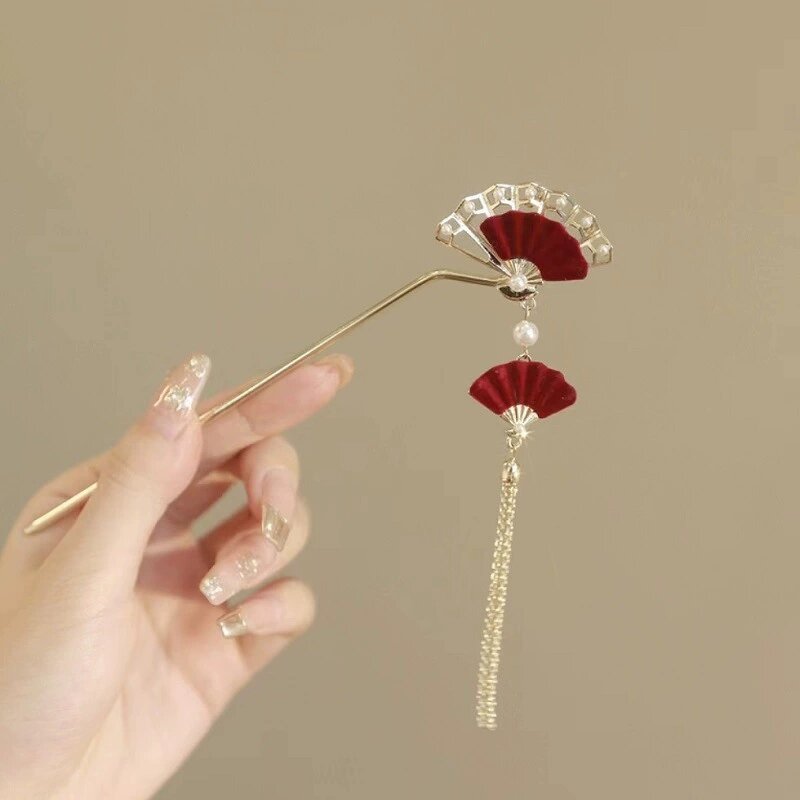 Hair Sticks Manufacturer - Vintage Red Velvet Rose Flower U Pins Pearl Rhinestone Metal