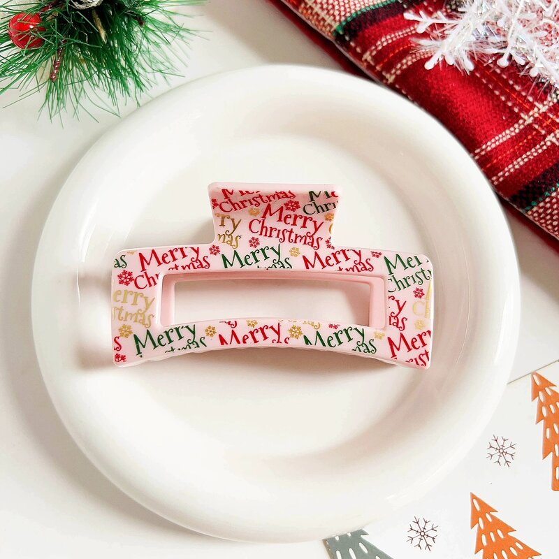 Hair Clips Manufacturer - 8.5cm Printing Elk White Pink Clear Rectangle Plastic Claw Clip