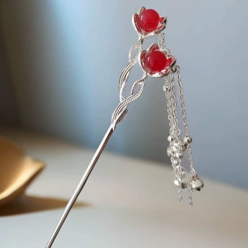 Hair Pins Manufacturer - Chinese Long Fork Clip Hanfu Opal Stone Flower Chop Sticks