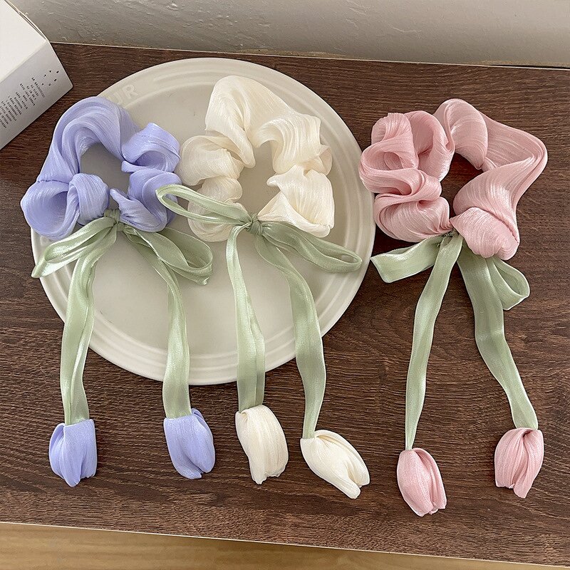 Hair Ties Manufacturer - Cute Elastic Flower Scrunchi Lanyard Mesh Gauze Chiffon Bows
