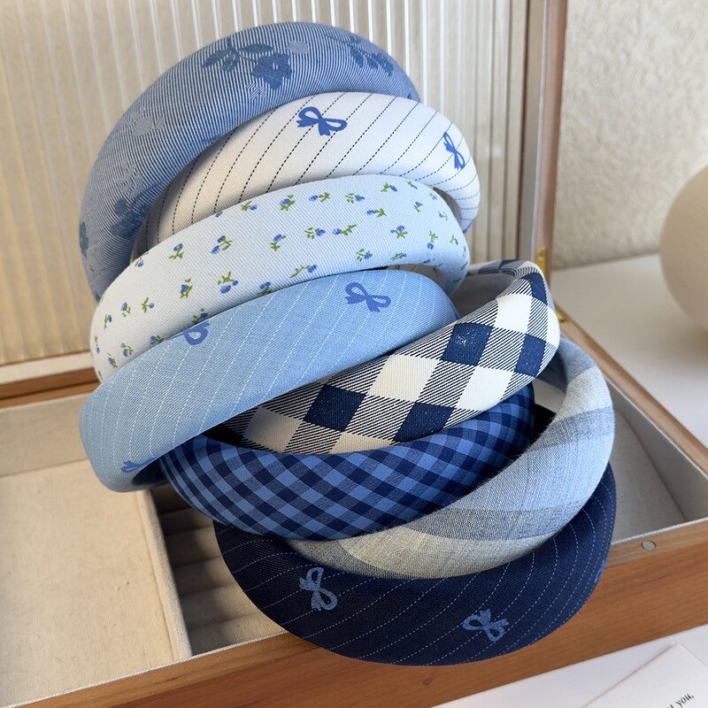 Hair Band Manufacturer - Wholesale Blue Makeup Checker Plaid Stripe Sponge Padded