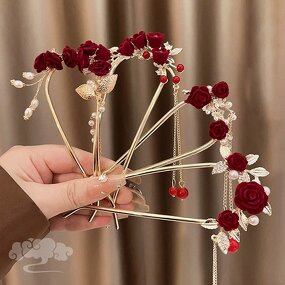 Hair Sticks Manufacturer - Vintage Red Velvet Rose Flower U Pins Pearl Rhinestone Metal