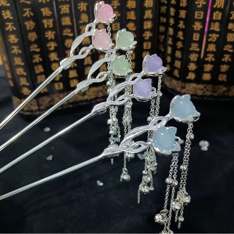 Hair Pins Manufacturer - Chinese Long Fork Clip Hanfu Opal Stone Flower Chop Sticks
