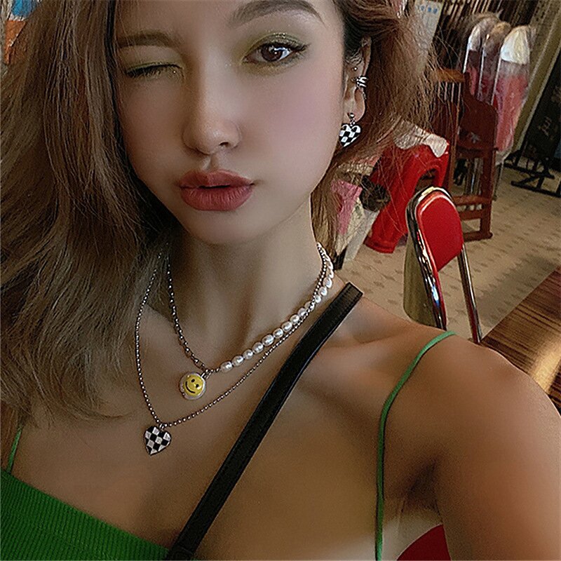 Necklace Manufacturer - Vintage Retro Checkerboard Love Pendant Beads Heart Checkered