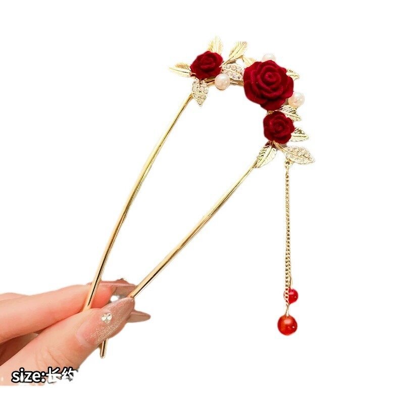 Hair Sticks Manufacturer - Vintage Red Velvet Rose Flower U Pins Pearl Rhinestone Metal