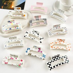 Hair Clips Manufacturer - 8.5cm Printed Flower Checker Rectangle Plastic Claw Clip for Women