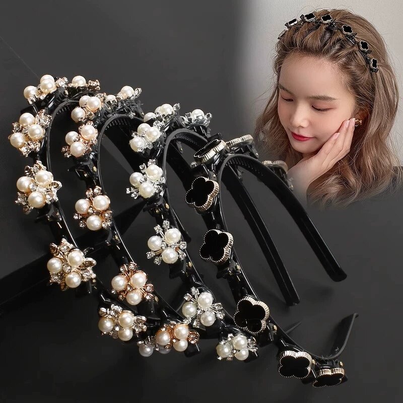 Hair Band Manufacturer - Women Kids Baroque Bling Double Layer Bangs Pearl Rhinestone