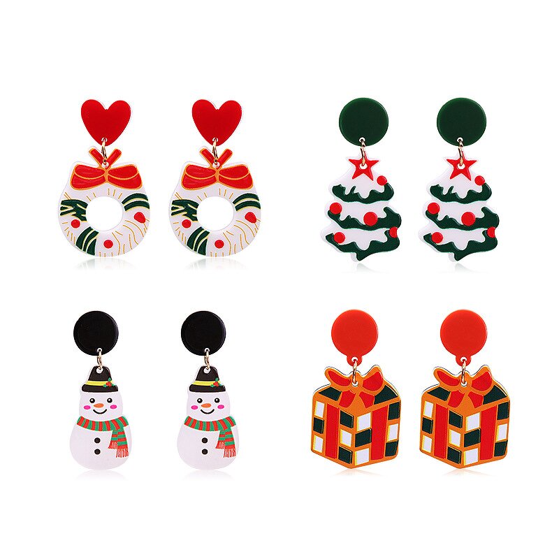 Earrings Manufacturer - Women Girls Cute Embossed Bell Reindeer Snowman Tree Acrylic