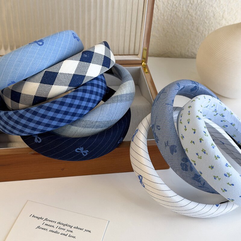 Hair Band Manufacturer - Wholesale Blue Makeup Checker Plaid Stripe Sponge Padded