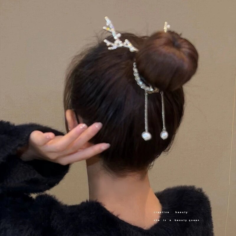 Hair Clasp Manufacturer - Fashion Christmas Deer Horn Claw Xmas Rhinestone Pearl Alloy