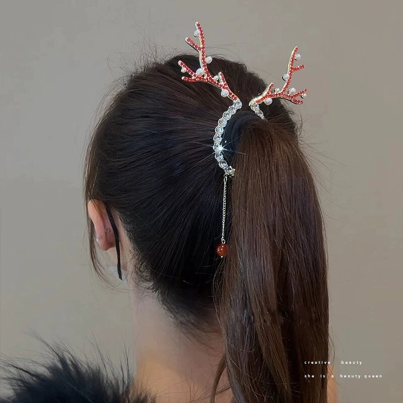 Hair Clasp Manufacturer - Fashion Christmas Deer Horn Claw Xmas Rhinestone Pearl Alloy